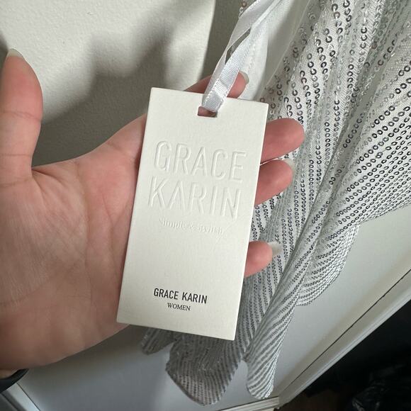 NEW GRACE KARIN Sequin Sparkle Tank Tops Halter Neck Knot Silver Size Small - Picture 6 of 14